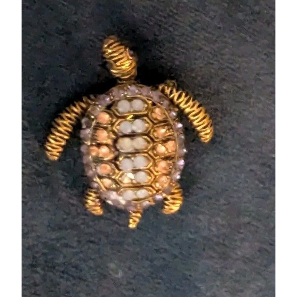 Vintage Gold Tone Rhinestone Sea Turtle Brooch Pin Pave Crystal Shell Animal